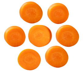 Top view set of beautiful orange carrot slices in set in circle shape isolated on white background with clipping path