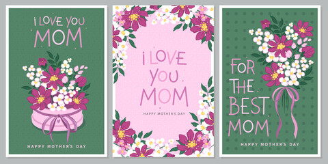 Happy Mother's Day card set, Spring summer floral design. For the best mom inscription. Vector illustration for banner, poster, label, template or cover with flowers frame. 

