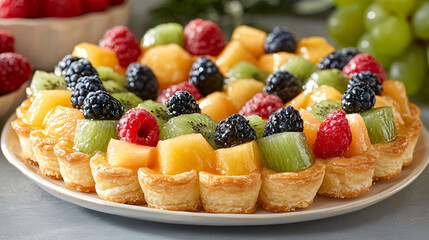 A neatly arranged platter of fruit tarts topped with fresh berries.