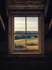 View from window in wooden cabin highlighting rural landscape with fields and trees.