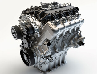 Fototapeta premium A detailed view of the vehicle engine, highlighting its components like cylinder heads, intake manifold, and various pulleys, showcasing engine design and mechanics.