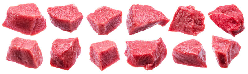 Set of different diced beef cuts isolated on white. File contains clipping paths.
