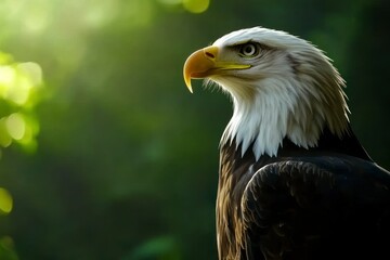 Fototapeta premium Portrait of an eagle with a green background, copy space concept
