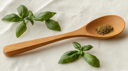 A wooden spoon with herbs and fresh basil leaves on a light fabric background.