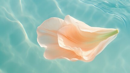 Delicate Peach Petal On Teal Water Surface