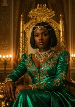 Elegant slay queen woman in a green gown seated on a golden throne, surrounded by ornate decor and soft lighting