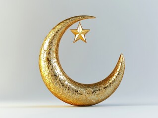 Golden moon and star decoration symbolizing Islamic beliefs, often used for religious holidays or ceremonies. Decorative ornament with intricate details.
