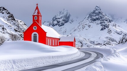 Red church, snowy mountains, winding road, winter landscape, postcard