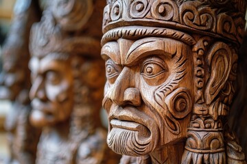 Fototapeta premium Intricate wooden carvings of ancient warriors displayed in a cultural exhibition