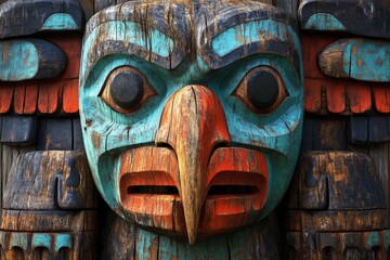Carved wooden eagle totem showcasing vibrant colors and intricate details, reflecting indigenous artistry and cultural heritage