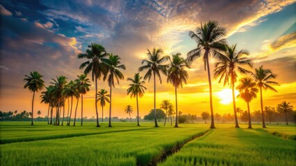 Idyllic An Giang:  Vietnamese sunset bathes rice paddies and palm trees in soft, golden light.