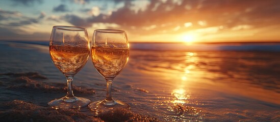 Elegant close-up of two wine glasses filled with golden liquid, positioned in the foreground against a vibrant sunset over the ocean, creating a serene atmosphere.