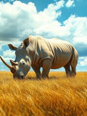 Fototapeta premium A rhino grazing in a grassy field with blue sky above.