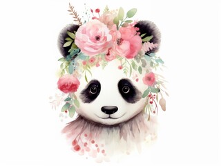 Watercolor style illustration of a panda head with flowers on light gray background.
