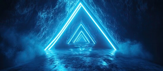 Vibrant electric blue neon tunnel with triangular shapes leads into dark space, creating a mesmerizing visual journey with glowing reflections.