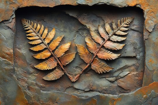 Detailed fossilized ferns on a rocky surface showcasing ancient plant life from prehistoric times