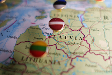 Map of Latvia with push pin on Riga. Travel, tourism, Baltic states, geography concepts