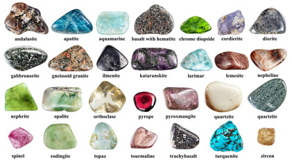 various samples of polished rock with names cutout