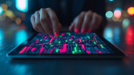 Business professional analyzing data trends on a tablet in a vibrant urban setting at night