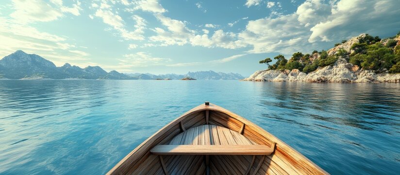 Wooden boat anchored in tranquil blue waters facing a serene horizon with distant islands and mountains under a bright sky and soft clouds.
