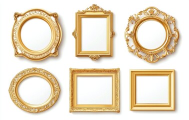 Picture frames isolated on white background luxury gold Vintage set