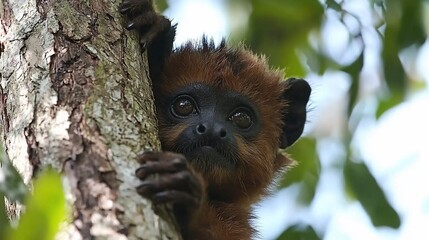 Naklejka premium Red titi monkey in rainforest canopy, peeking from tree. Wildlife conservation