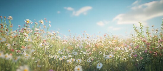 Fototapeta premium Vibrant wildflower field with colorful blooms in foreground under a clear blue sky and soft clouds creating a serene natural landscape.