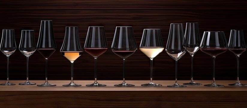 Elegant arrangement of various wine glasses in front of a dark wooden background with a natural shine highlighting their shapes and colors