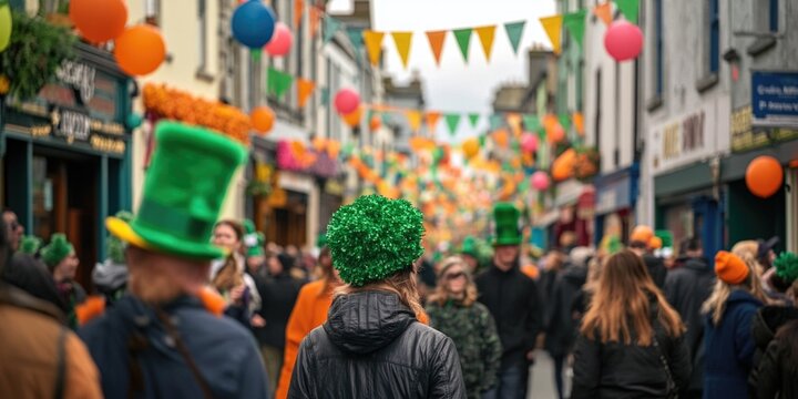Colorful St. Patrick's Day parade with participants in green costumes and decorations filling the city street, enjoying a lively cultural celebration of Irish heritage.