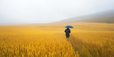 Solitary Figure Walking Through Golden Wheat Field