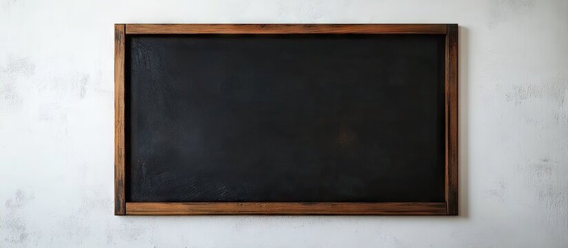 Classic black chalkboard in a rustic wooden frame positioned horizontally against a bright white backdrop emphasizing simplicity and sharp contrast.