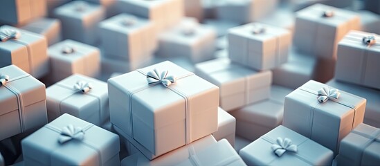 A visually appealing arrangement of white gift boxes stacked closely together with soft lighting and silver ribbons creating an inviting festive atmosphere
