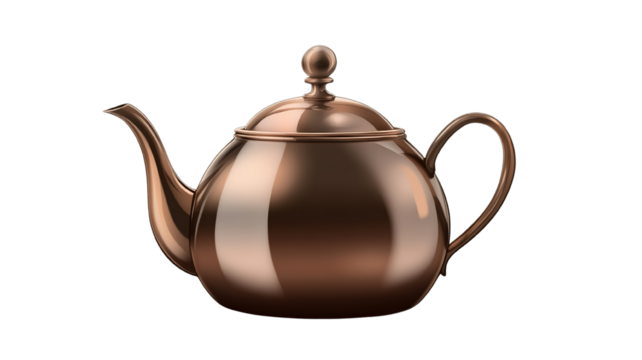 A classic tea kettle with a curved spout and handle, isolated on a transparent background, featuring a warm metallic surface