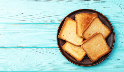 Toast bread in a plate photography . Top view
