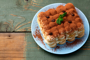 Classic Tiramisu Dessert on Rustic Plate