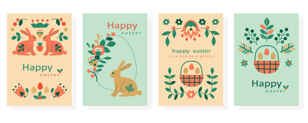 Happy Easter vertical card set with bunny, flowers and eggs. Hand-drawn vector illustration in flat style.