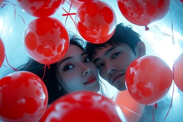 Valentine's day, enamored couple: impressive noticeable image of loving asian adult lovers. Sign of love and affection. Commercial promotion conceptual art depiction. Heartwarming couple.