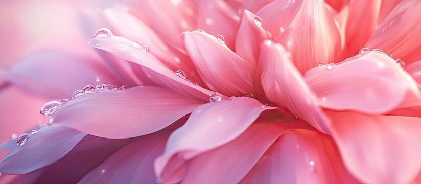 Close up of a vibrant pink flower with soft petals adorned with glistening water droplets conveying freshness and natural beauty on a blurred background - Powered by Adobe