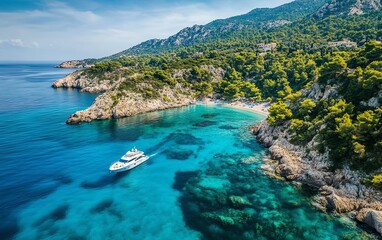 Obraz premium Luxury yacht sailing in the Mediterranean, aerial view showcasing the turquoise ocean, sunny coastline, and a sense of freedom on a maritime leisure adventure