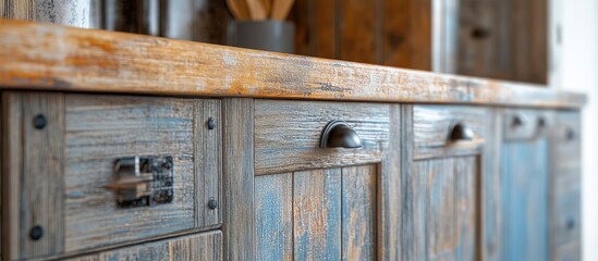 Rustic wooden cabinet with weathered blue and brown tones featuring drawers and metallic handles positioned at the forefront and soft background blur.