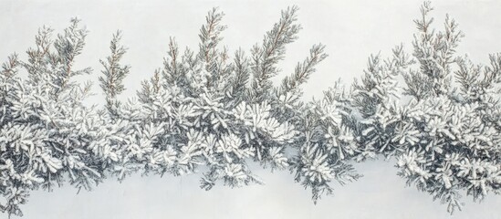Fototapeta premium Evergreen branches draped in fresh snow against a soft gray winter backdrop, highlighting nature's delicate frost on vibrant green foliage.