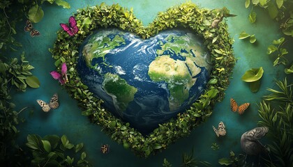 A heartshaped Earth surrounded by green forests, blue oceans, and wildlife, symbolizing global environmental care and love for nature