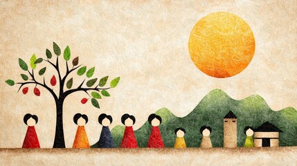 Vibrant illustration of figures gathering under a large sun with a colorful tree in a serene countryside setting