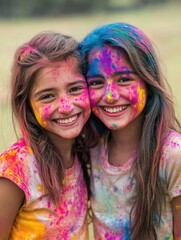 Fototapeta premium Two women in colorful clothes enjoying the joyous Indian festival of Holi, smiling and embracing each other.