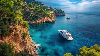 Aerial view of a luxurious yacht sailing on the sparkling turquoise Mediterranean ocean, with a stunning coastal backdrop and a feeling of freedom and summer adventure