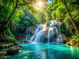 Fototapeta premium Lush rainforest canopy embraces turquoise waterfalls; cascading emerald water creates a tropical paradise.
