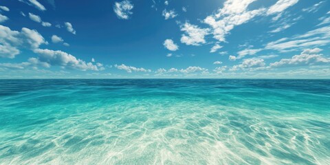 Fototapeta premium Serene tropical ocean scene with clear blue water and a horizon line view from the sandy shore.