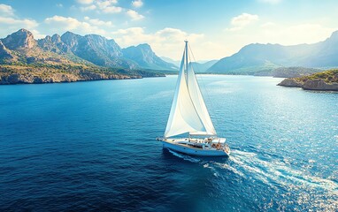 Fototapeta premium Luxury yacht sailing in the Mediterranean, aerial view showcasing the turquoise ocean, sunny coastline, and a sense of freedom on a maritime leisure adventure