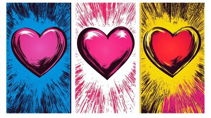 Pop art-themed Valentine's Day card set with bold colors, comic-style hearts, vibrant designs, cut-out edges on a clean white background
