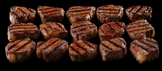 Obraz premium Grilled steak assortment on a black background showcasing rich brown textures and grill marks ideal for food menus and promotional materials